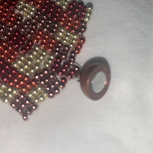 Vintage Handmade Seed Bead Copper Tone Patchwork Bracelet - Picture 10 of 13